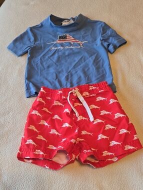 Tommy Bahama Boys Two-Piece Swim Set - Blue Rash Guard & Red Marlin Print Shorts